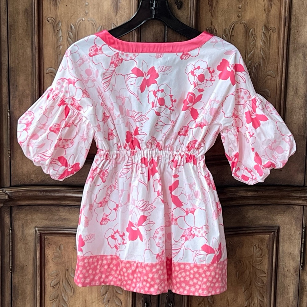 Bebe NWT Pink White Floral V-Neck Babydoll Top Empire Waist Puff Sleeves Sz S - Picture 6 of 15